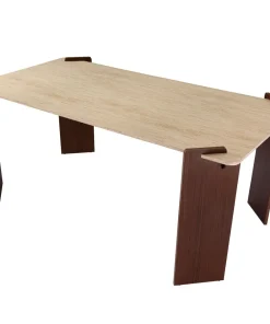 Table à manger au design Art Déco Cezanne 80x190cm Effet travertin Beige et Bois foncé