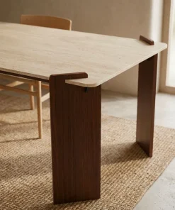 Table à manger au design Art Déco Cezanne 80x190cm Effet travertin Beige et Bois foncé