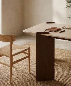 Table à manger au design Art Déco Cezanne 80x190cm Effet travertin Beige et Bois foncé