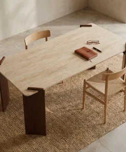 Table à manger au design Art Déco Cezanne 80x190cm Effet travertin Beige et Bois foncé