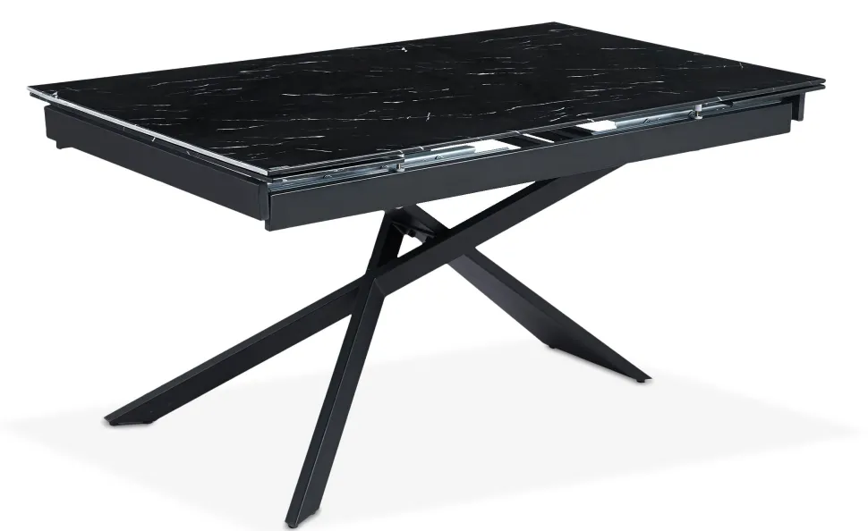 Table à manger extensible Ismael en Verre effet marbre noir et pieds Métal Noir