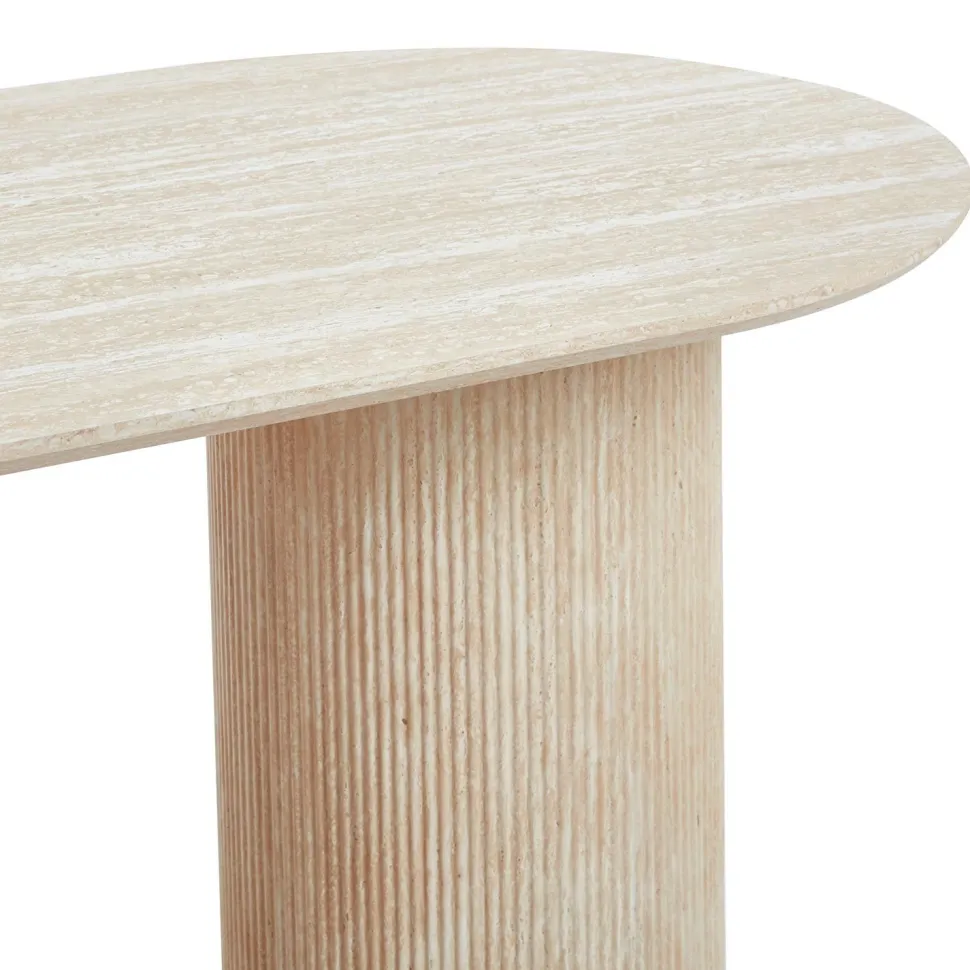 Table à manger moderne 90x180cm avec pieds style colonnes Gwendoline Effet travertin Beige