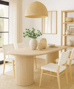 Table à manger moderne 90x180cm avec pieds style colonnes Gwendoline Effet travertin Beige