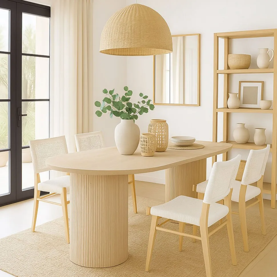 Table à manger moderne 90x180cm avec pieds style colonnes Gwendoline Effet travertin Beige