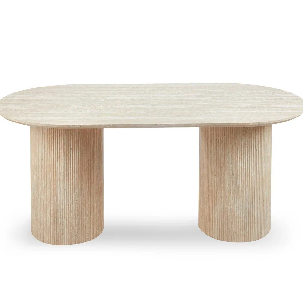 Table à manger moderne 90x180cm avec pieds style colonnes Gwendoline Effet travertin Beige