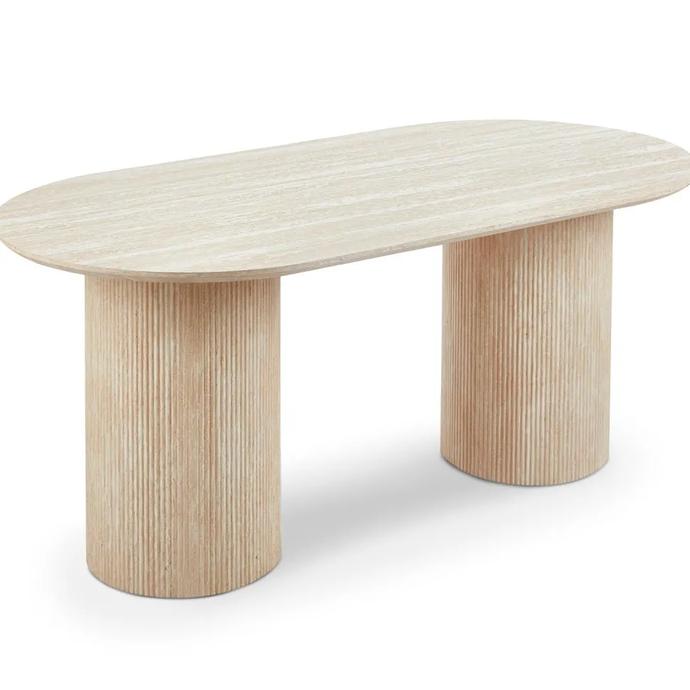 Table à manger moderne 90x180cm avec pieds style colonnes Gwendoline Effet travertin Beige