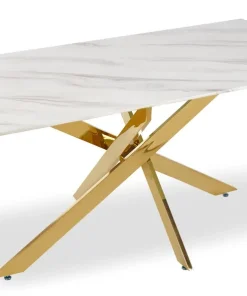 Table à manger Naelle en Verre effet Marbre Blanc et pieds Or