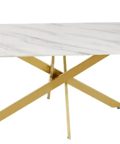 Table à manger Naelle en Verre effet Marbre Blanc et pieds Or