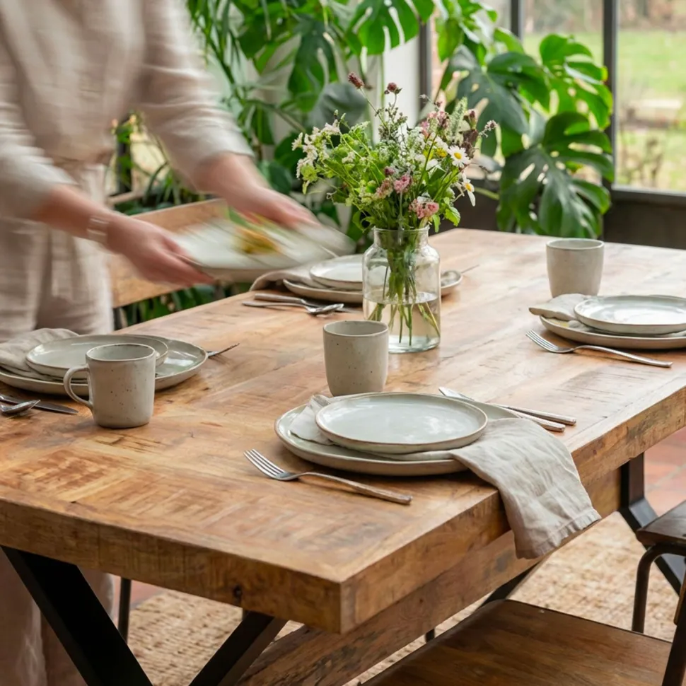 Table à manger rectangulaire style industriel 150cm Rustica Bois de manguier et Métal Noir