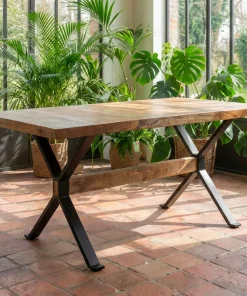 Table à manger rectangulaire style industriel 150cm Rustica Bois de manguier et Métal Noir