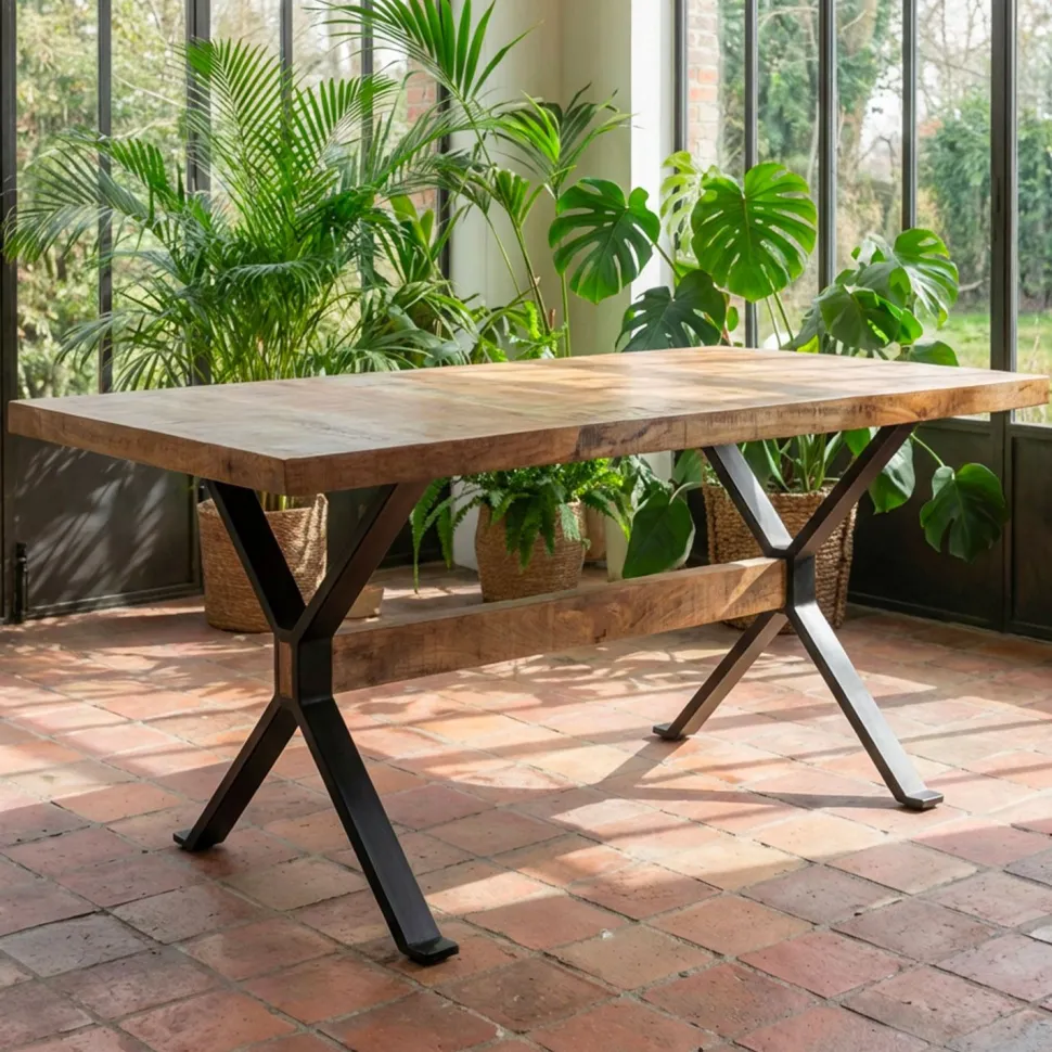 Table à manger rectangulaire style industriel 150cm Rustica Bois de manguier et Métal Noir