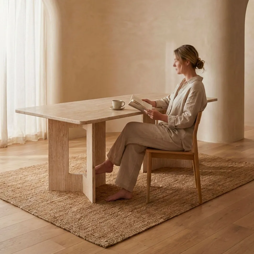 Table à manger rectangulaire Roselia 90x180cm Effet travertin Beige