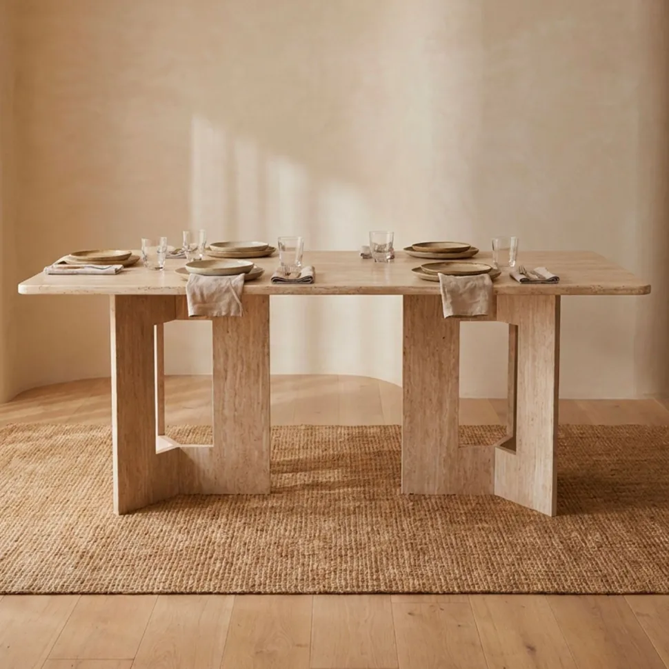 Table à manger rectangulaire Roselia 90x180cm Effet travertin Beige