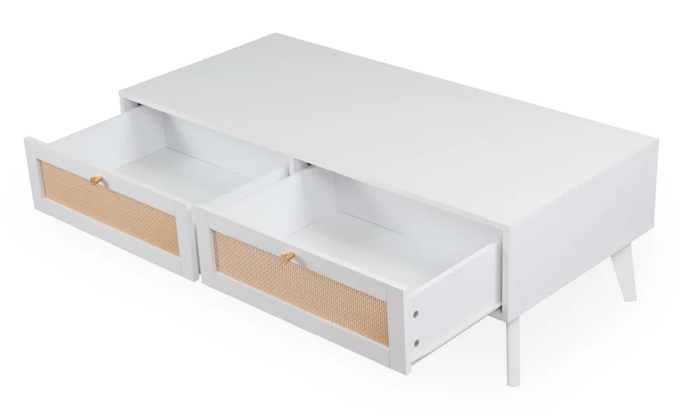 Table basse 2 tiroirs avec cannage Dalgora L120cm Blanc