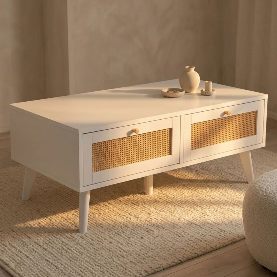 Table basse 2 tiroirs avec cannage Dalgora L120cm Blanc