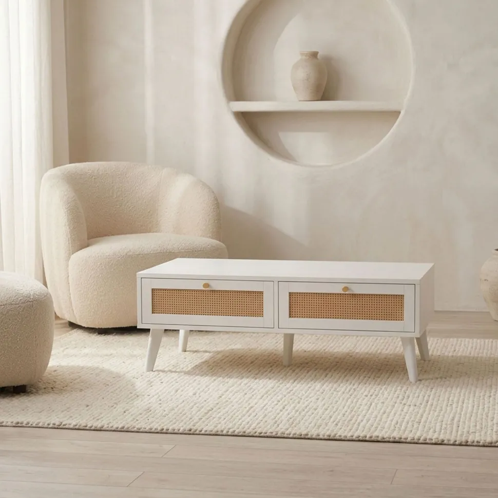 Table basse 2 tiroirs avec cannage Dalgora L120cm Blanc