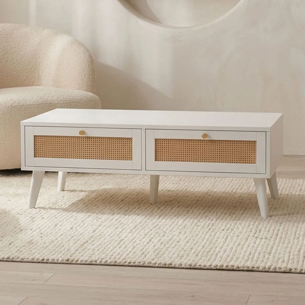 Table basse 2 tiroirs avec cannage Dalgora L120cm Blanc