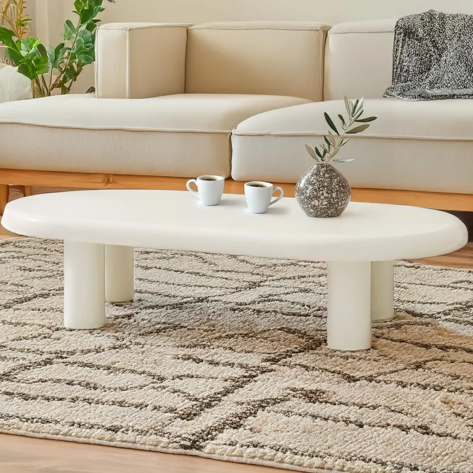 Table basse arrondie 160cm avec pieds colonnes Roady Crème