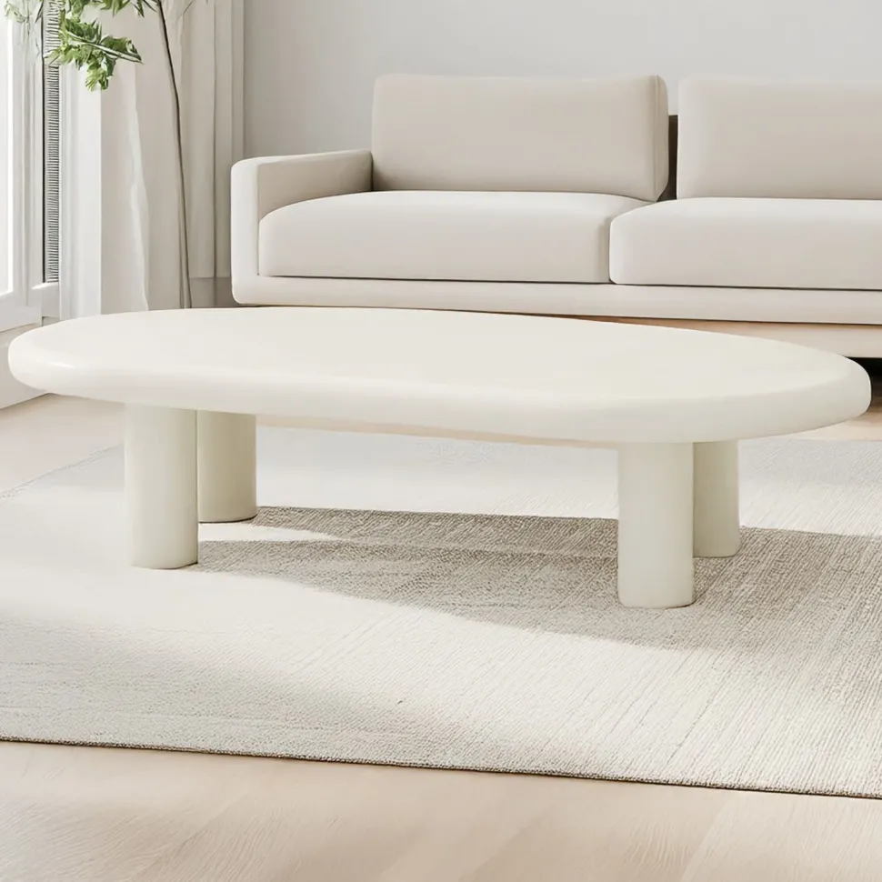 Table basse arrondie 160cm avec pieds colonnes Roady Crème