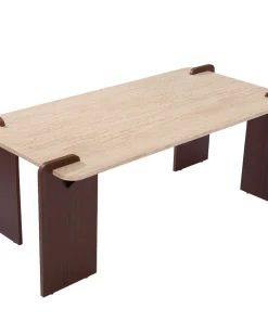 Table basse au design Art Déco Cezanne 60x120cm Effet travertin Beige et Bois foncé