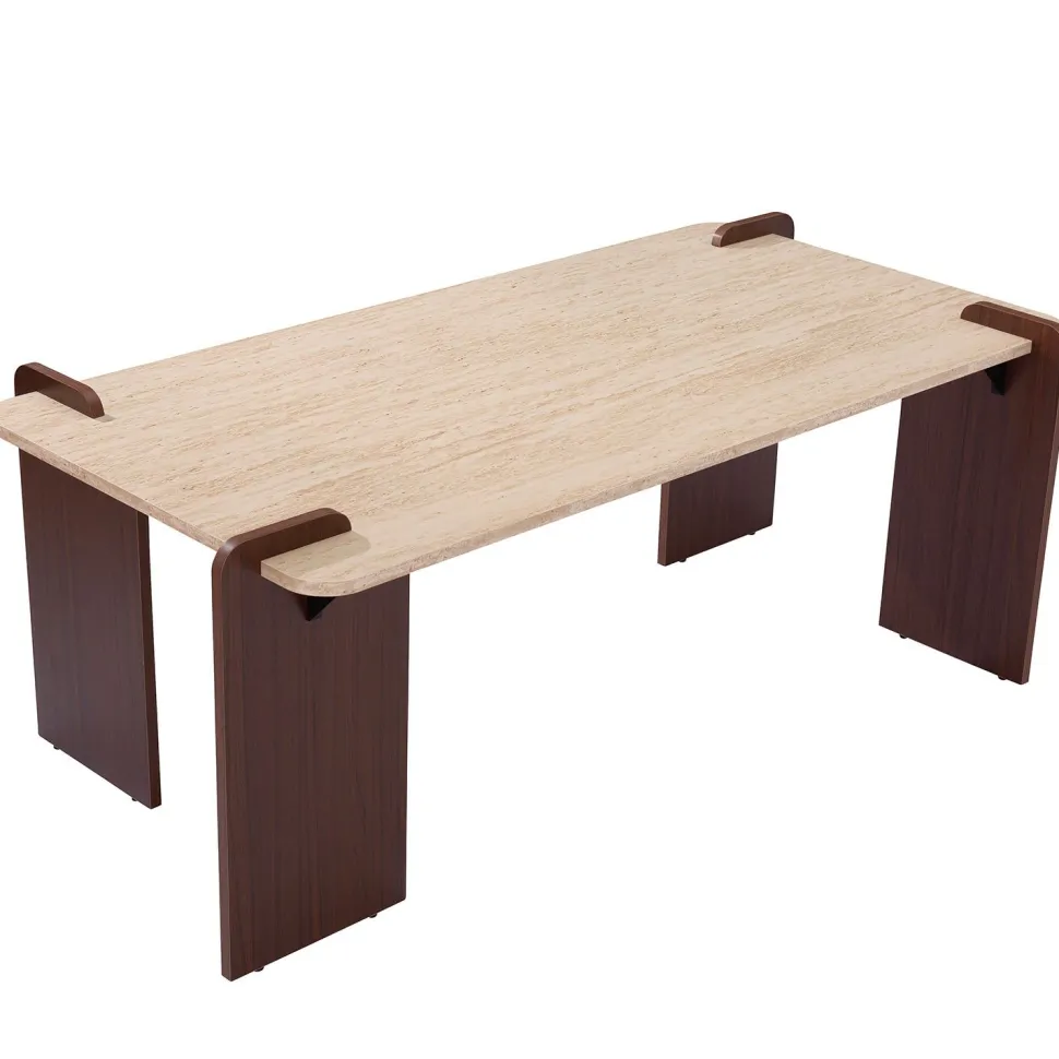 Table basse au design Art Déco Cezanne 60x120cm Effet travertin Beige et Bois foncé