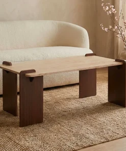 Table basse au design Art Déco Cezanne 60x120cm Effet travertin Beige et Bois foncé