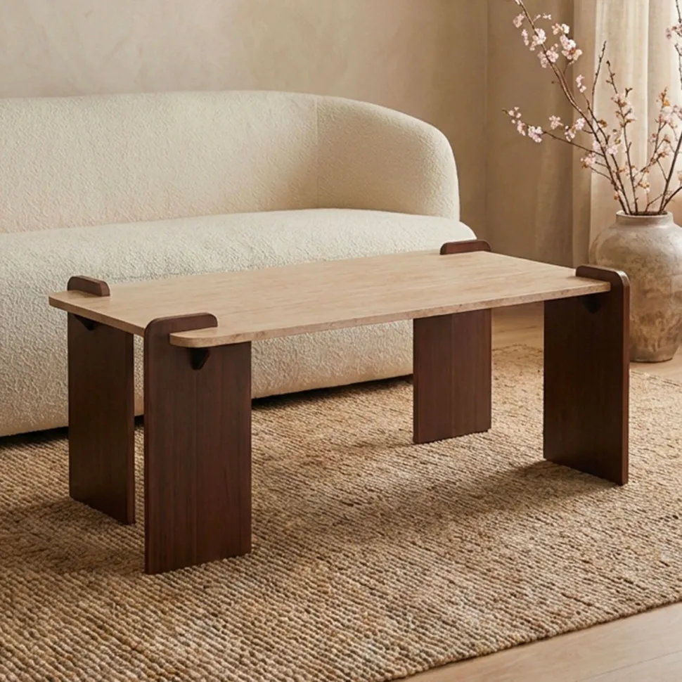Table basse au design Art Déco Cezanne 60x120cm Effet travertin Beige et Bois foncé