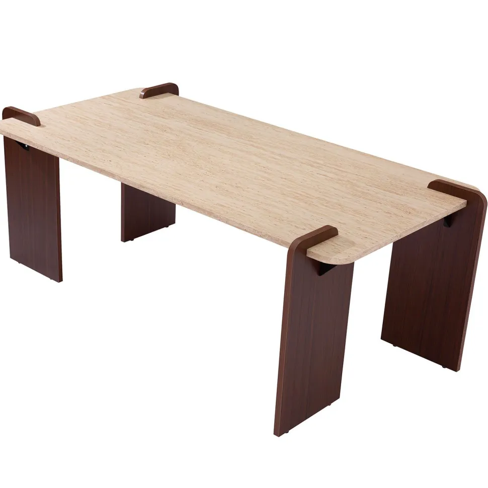 Table basse au design Art Déco Cezanne 60x120cm Effet travertin Beige et Bois foncé