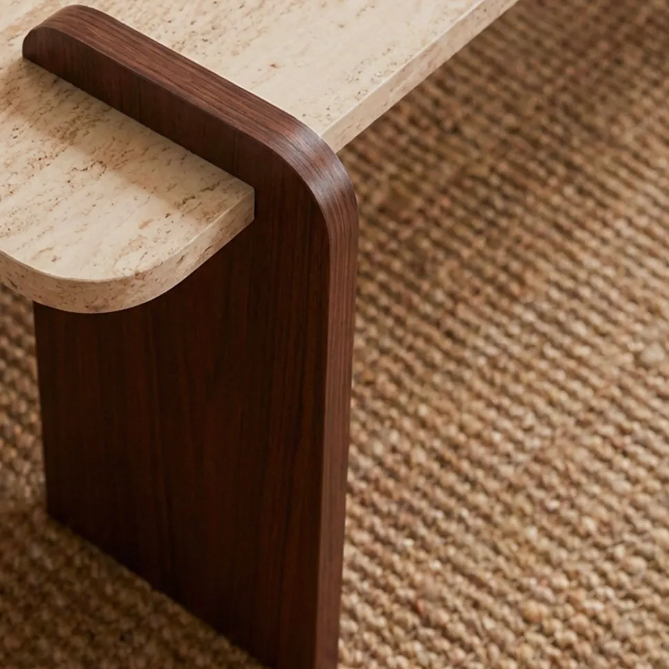Table basse au design Art Déco Cezanne 60x120cm Effet travertin Beige et Bois foncé