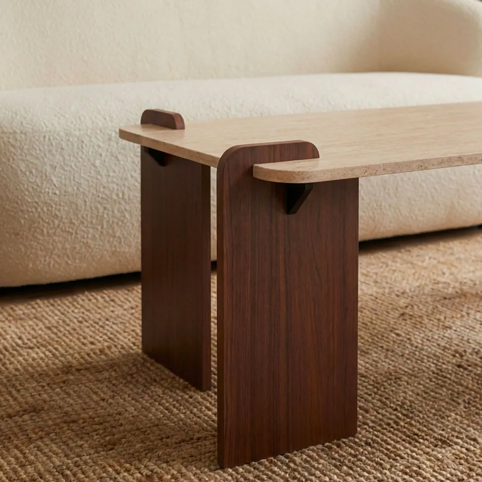 Table basse au design Art Déco Cezanne 60x120cm Effet travertin Beige et Bois foncé