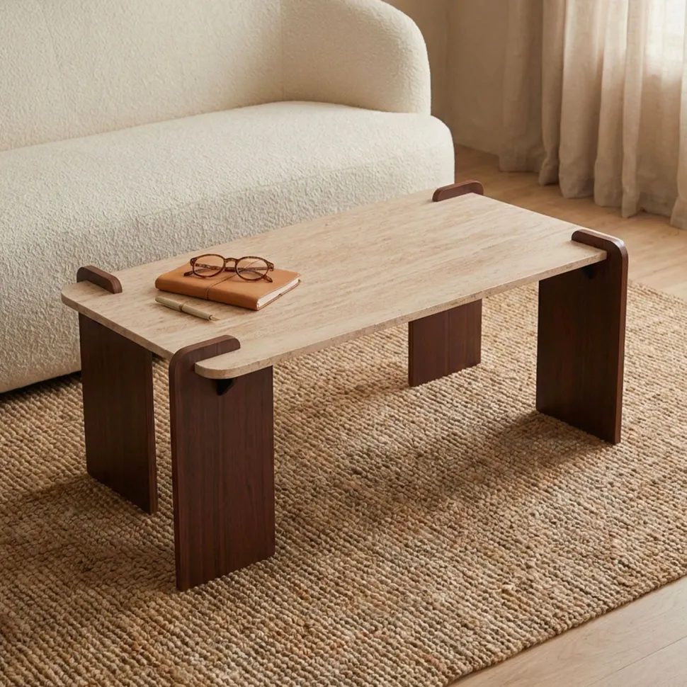Table basse au design Art Déco Cezanne 60x120cm Effet travertin Beige et Bois foncé