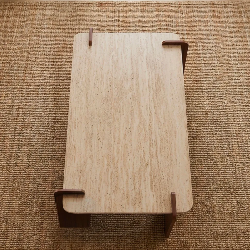 Table basse au design Art Déco Cezanne 60x120cm Effet travertin Beige et Bois foncé