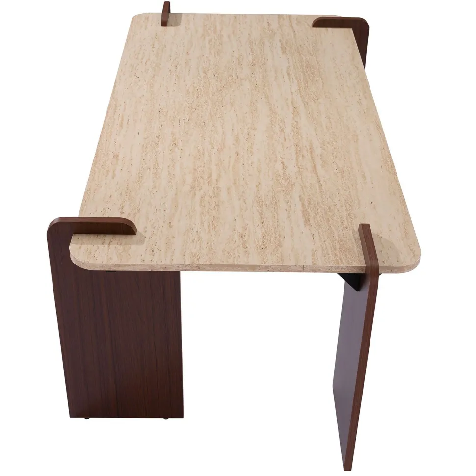 Table basse au design Art Déco Cezanne 60x120cm Effet travertin Beige et Bois foncé
