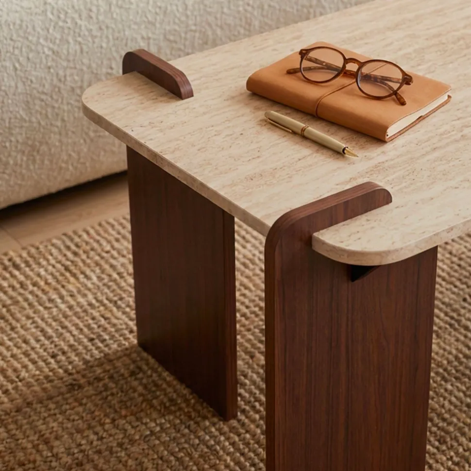 Table basse au design Art Déco Cezanne 60x120cm Effet travertin Beige et Bois foncé