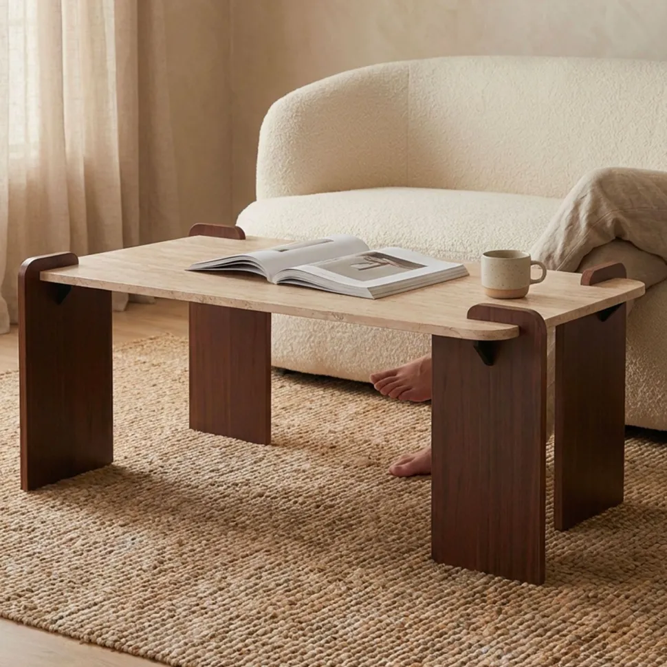 Table basse au design Art Déco Cezanne 60x120cm Effet travertin Beige et Bois foncé