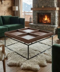 Table basse carrée avec plateau compartimenté réversible 80x80cm Duplix Bois Noisette