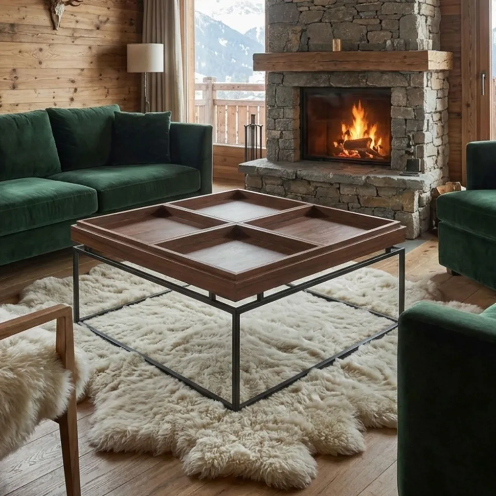 Table basse carrée avec plateau compartimenté réversible 80x80cm Duplix Bois Noisette