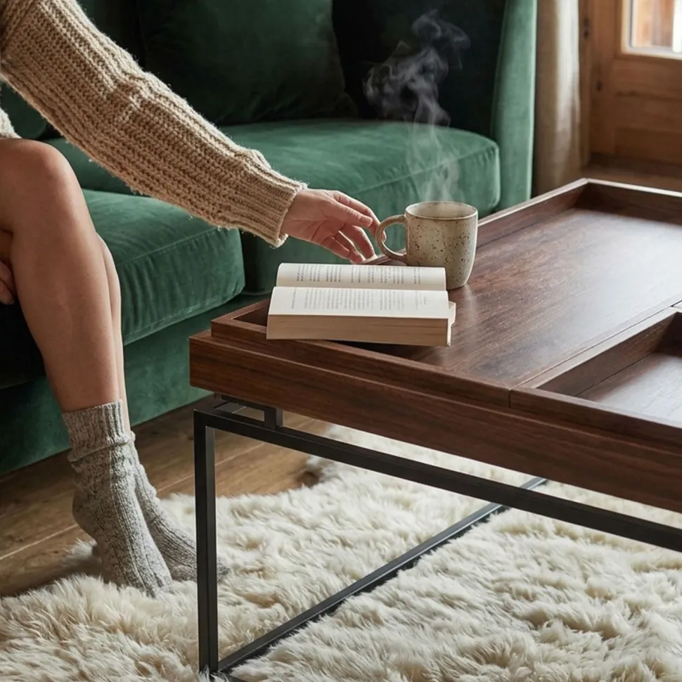 Table basse carrée avec plateau compartimenté réversible 80x80cm Duplix Bois Noisette