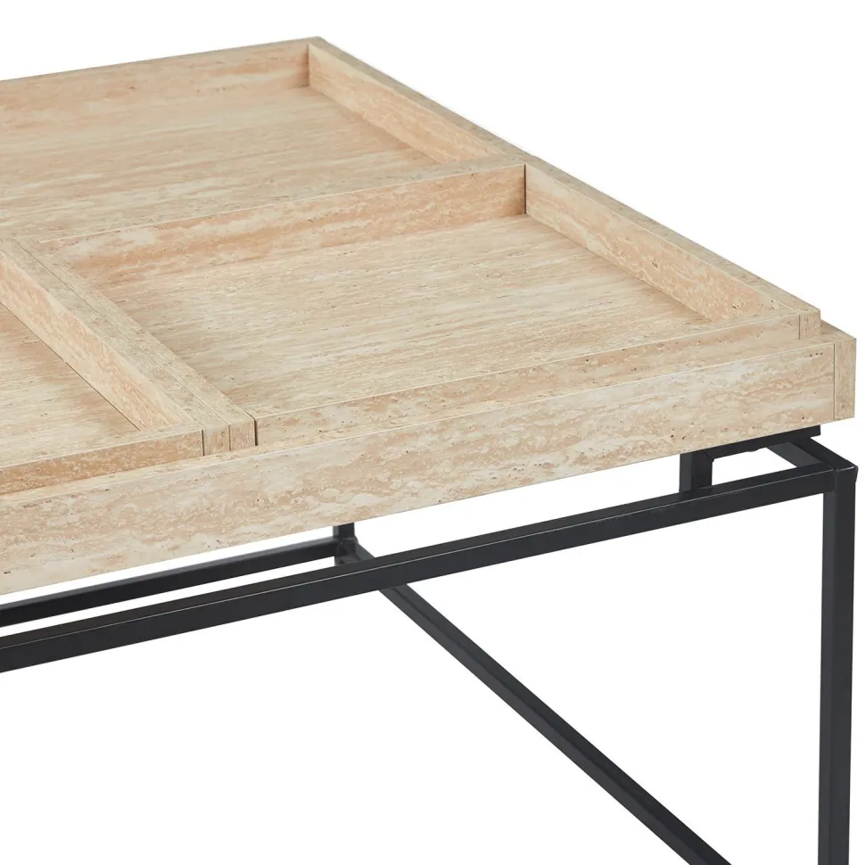 Table basse carrée avec plateau compartimenté réversible 80x80cm Duplix Effet Travertin Beige