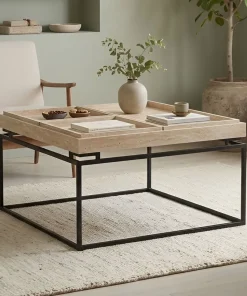 Table basse carrée avec plateau compartimenté réversible 80x80cm Duplix Effet Travertin Beige