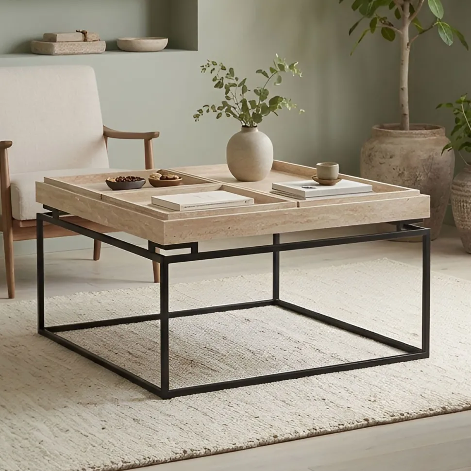 Table basse carrée avec plateau compartimenté réversible 80x80cm Duplix Effet Travertin Beige