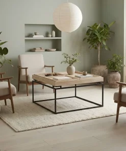 Table basse carrée avec plateau compartimenté réversible 80x80cm Duplix Effet Travertin Beige