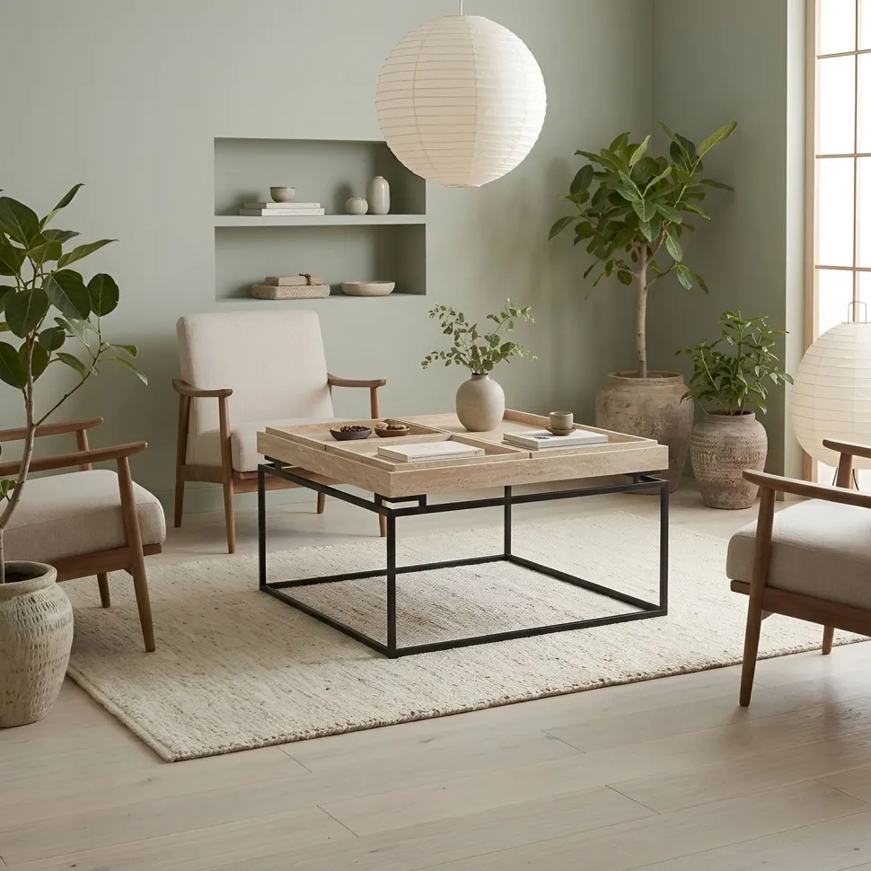 Table basse carrée avec plateau compartimenté réversible 80x80cm Duplix Effet Travertin Beige