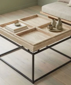 Table basse carrée avec plateau compartimenté réversible 80x80cm Duplix Effet Travertin Beige