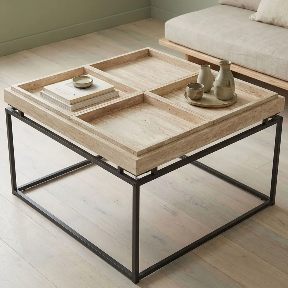 Table basse carrée avec plateau compartimenté réversible 80x80cm Duplix Effet Travertin Beige