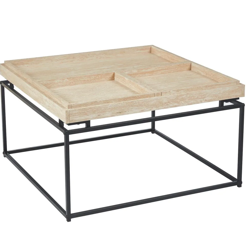 Table basse carrée avec plateau compartimenté réversible 80x80cm Duplix Effet Travertin Beige