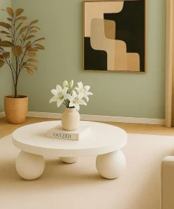 Table basse contemporaine design rond Bonnie L100cm texture minérale Blanc