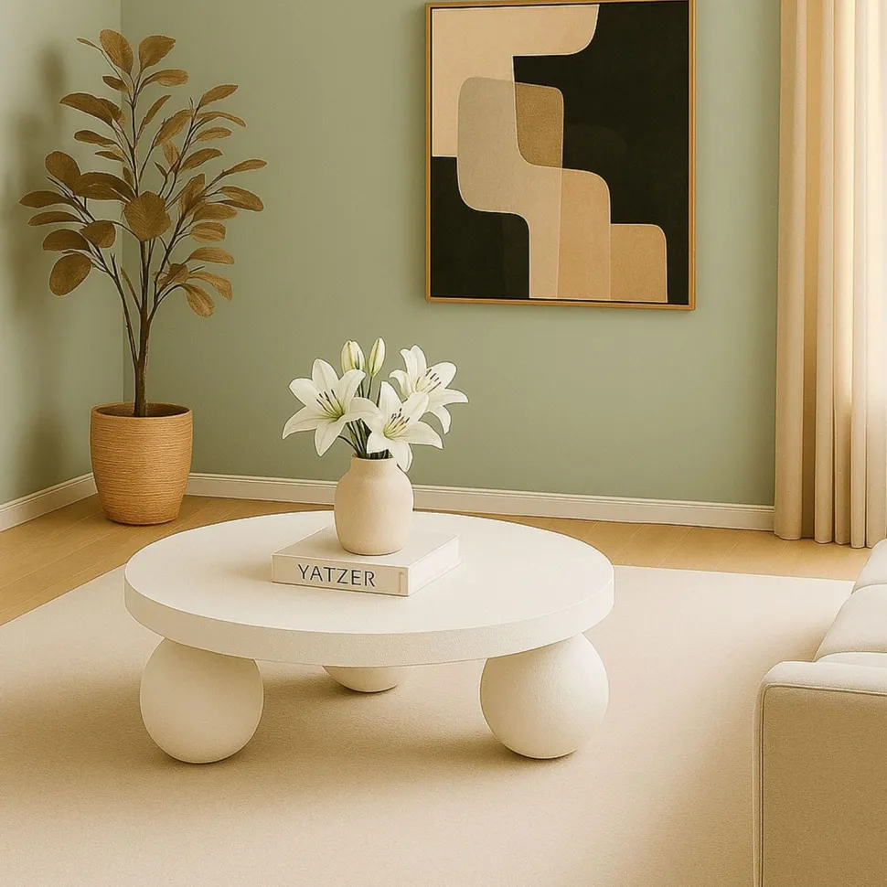 Table basse contemporaine design rond Bonnie L100cm texture minérale Blanc