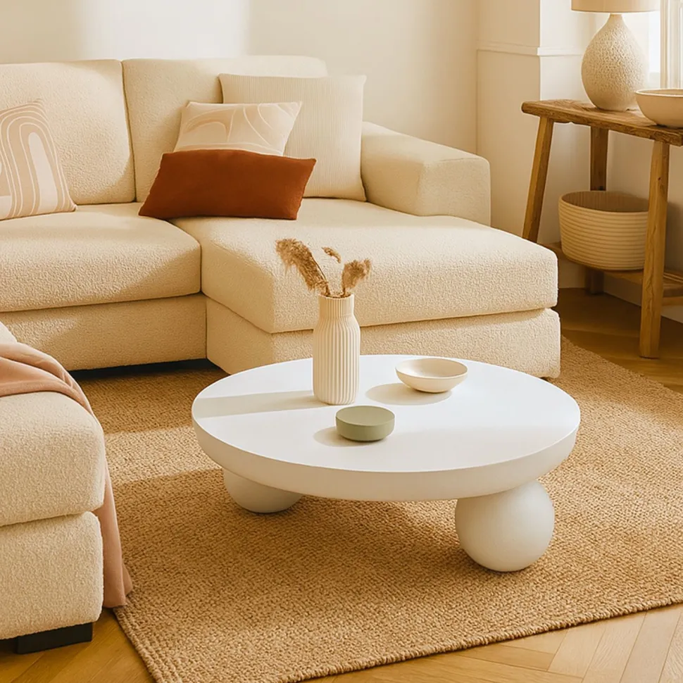 Table basse contemporaine design rond Bonnie L100cm texture minérale Blanc