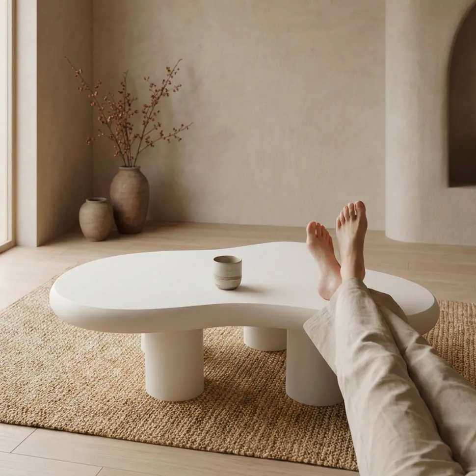 Table basse forme courbes naturelles Valdo 69x100cm Crème